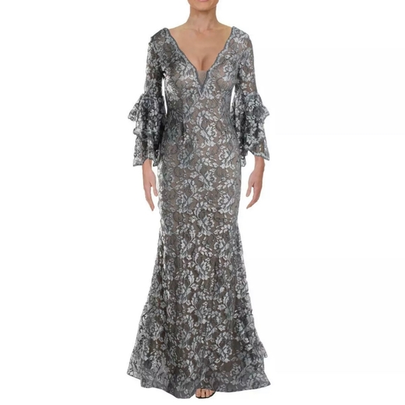 Betsy and Adam Gray Evening Gown w/ Lace Overlay